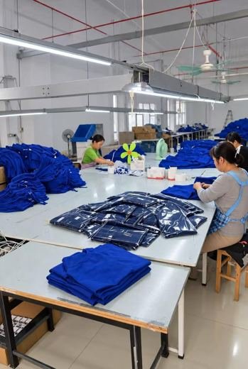Workers folding, checking and bagging finished garments